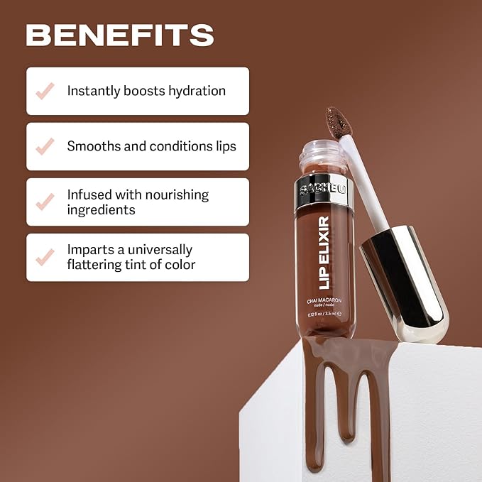 Sacheu Lip Elixir Hydrating Lip Gloss, High-Shine, Chai Macaron