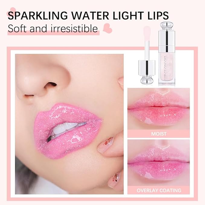 GECOMO Hydrating Lip Glow Oil, Lip Oil Gloss Transparent Toot Tinted Nourishing Long Lasting Repairing Lightening Lip Lines (CLEAR TO PINK) 0.2 OZ