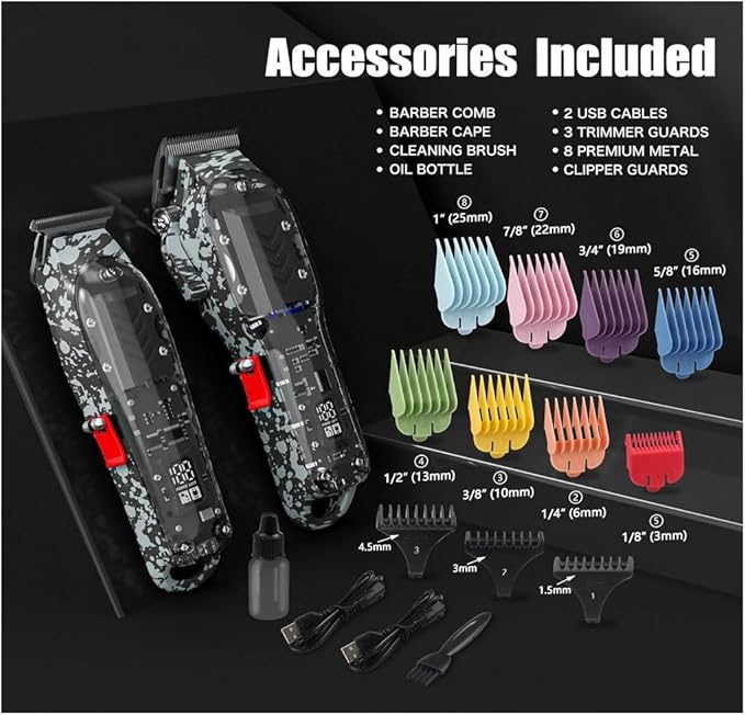 Tuanchuanrp Professional Hair Clippers for Men, Cordless Barber kit for Hair Cutting & Grooming, Hair Clippers and Trimmer Set for Barber Haircut with LED Display, 8 Fade Taper Combs(Black Set)