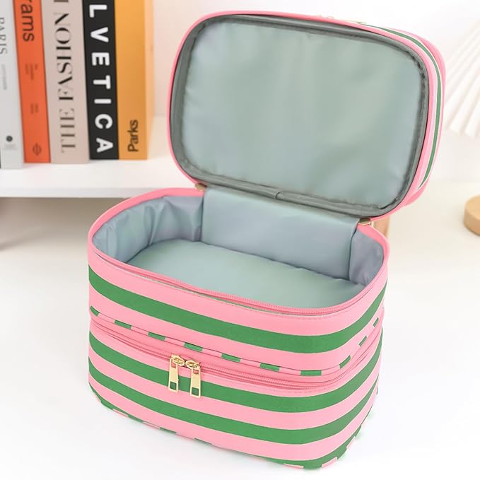 Apxouans Three Layer Makeup Bag for Women Fashion Stripes Cosmetic Bag Preppy Style Travel Water-Resistant Toiletry Bag for Storage Toiletries Cosmetics Sets for Women Teen Girls Green