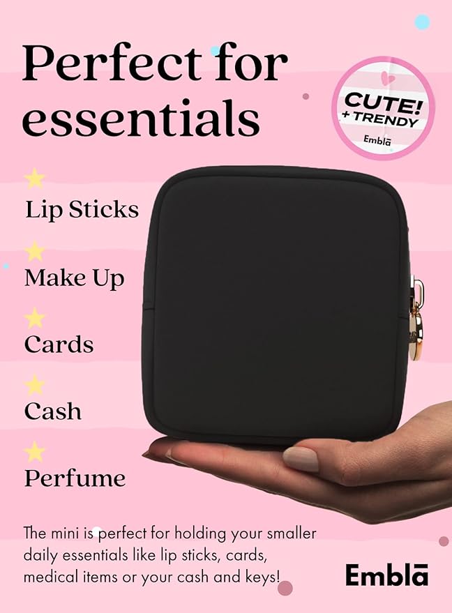 Embla Small Makeup Bag for Purse, Mini Waterproof Nylon Cosmetic Pouch, Durable and Lightweight Travel Toiletry Bag with Smooth Zipper, Black