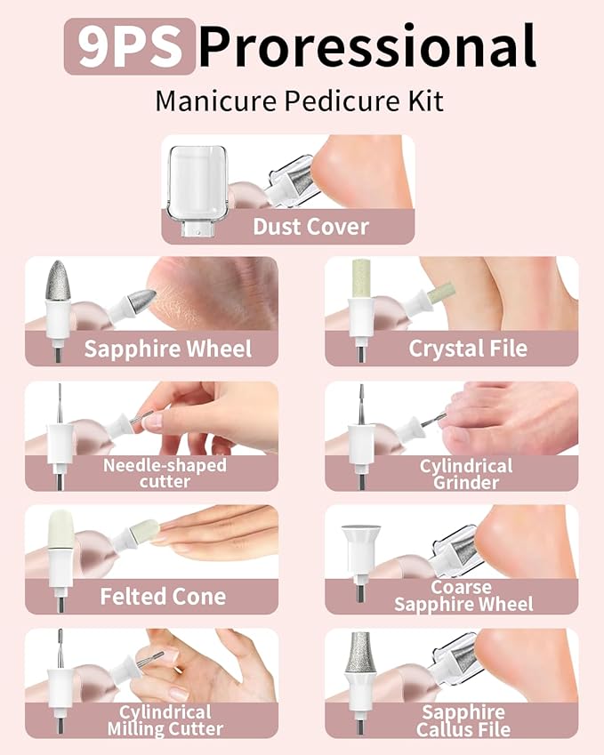 Hoxida Manicure Pedicure Kit, Professional Nail Grinder for Senior Thick Toenail, Cordless Electric Nail File, 5 Speeds Pedicure Tools for feet Callus Remover, Nail Drill for Women Hand Feet Care