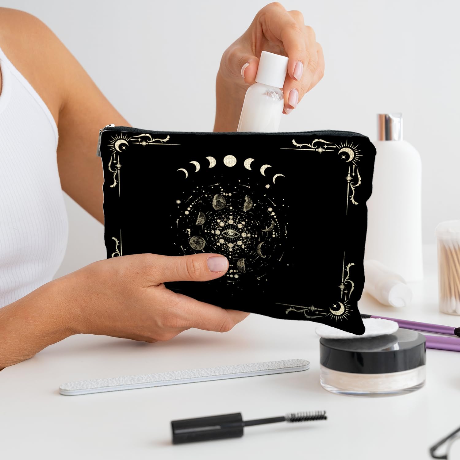RYYCDOI Boho Celestial Moon Phase Makeup Bag - Witchy, Halloweencosmetic Bag