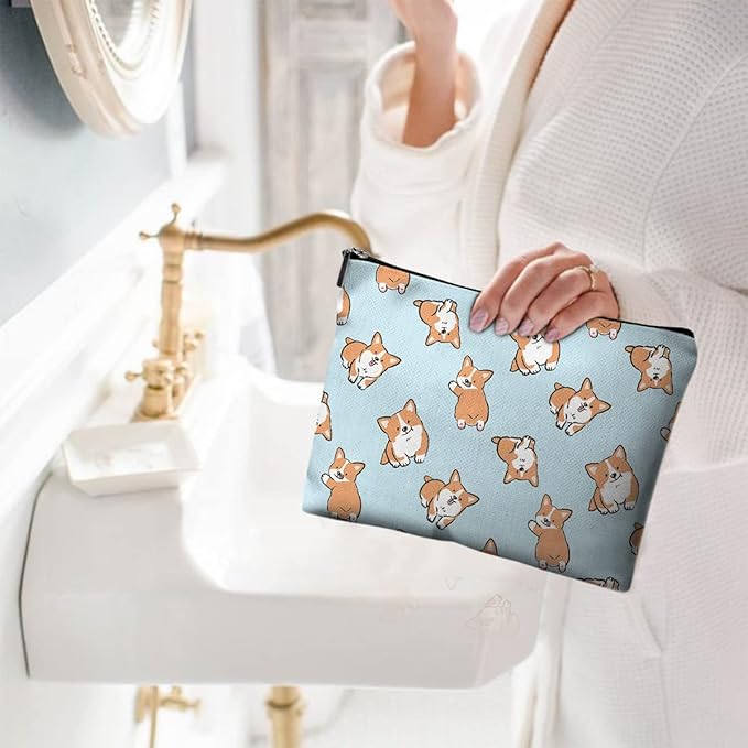 Givotin Cute Makeup Bag for Purse Canvas Waterproof Funny Cosmetic Bags for Women Zipper Travel Toiletry Pouch-Corgi Makeup Bags