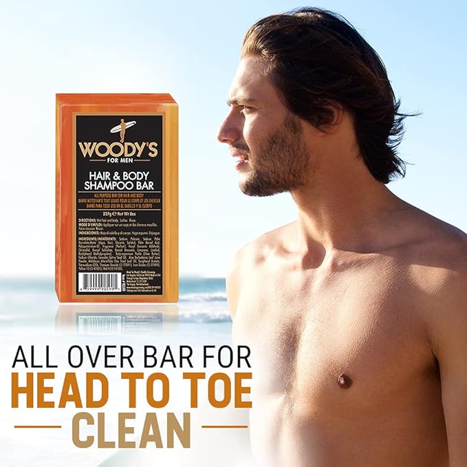 Woody's Men's 2-in-1 Hair & Body Shampoo Bar, Rich, Thick Lather Formula, Conditions, Nourishes, Moisturizes, for All Skin Types, 8 Oz