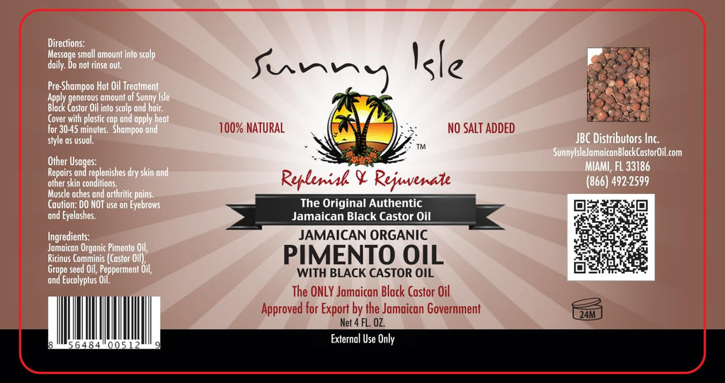 Sunny Isle Jamaican Organic Pimento Oil with Black Castor Oil 4oz | Formulated to Nourish the Scalp, Condition and Strengthen Hair | Traditional Body Rub for Muscle Pain