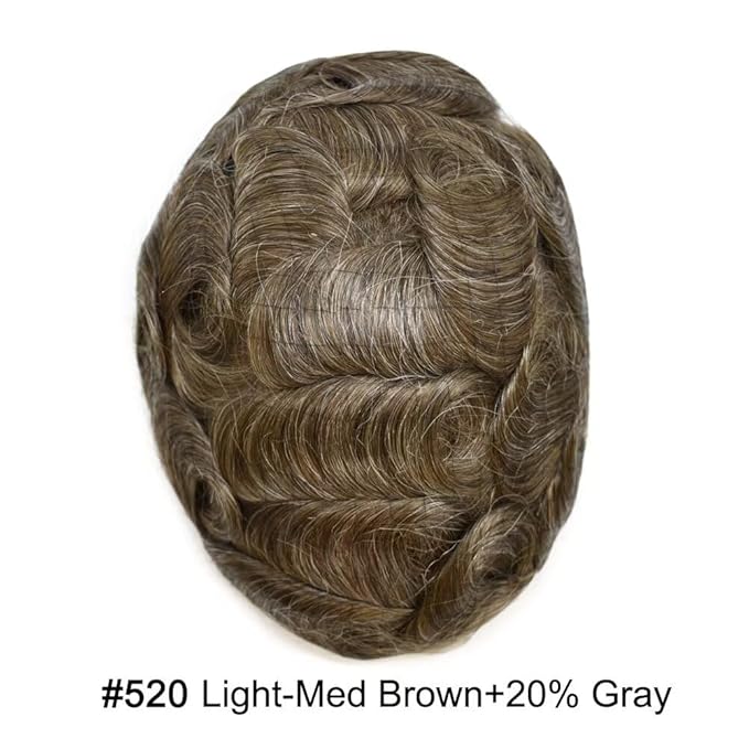 FACE MIRACLE French Lace Mens Toupee Human Hair System Lace Center Toupee for Men Thin Skin PU Around Hair Replacement System V-Looped Mens Hair Wig 6"X9" #520 5# MEDIUM LIGHT BROWN WITH 20% GREY