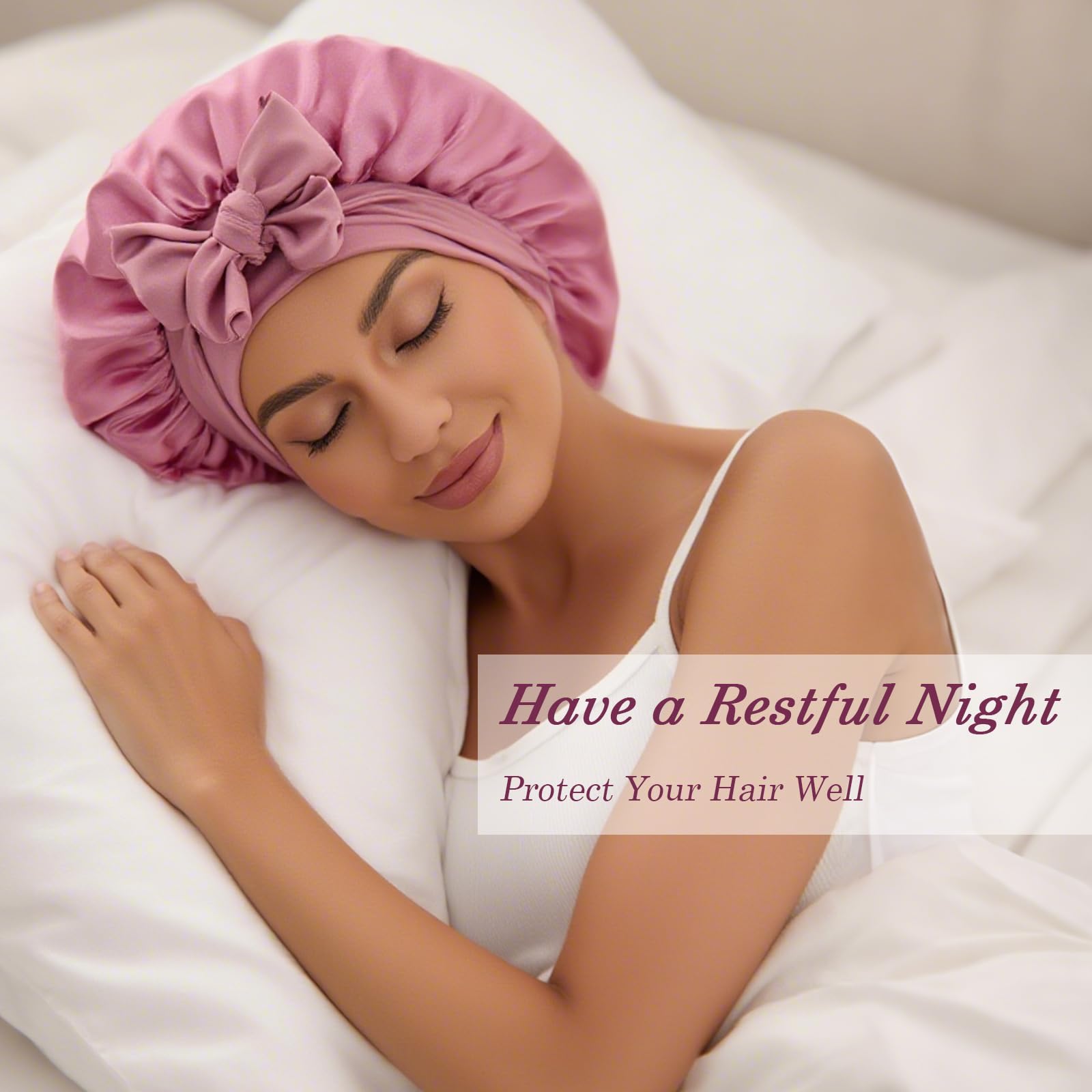 YOHTAS Satin Hair Bonnet for Sleeping Women, Double Layer Silk Bonnets for Women with Tie Band, for Braids Curly Long Hair