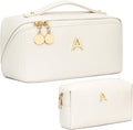 Birthday Gifts for Women Teen Girl, Personalized Initial Makeup Organizer Bag Set, Open Flat Travel Cosmetic Bag With Clear Divider and Handle(Beige,A)