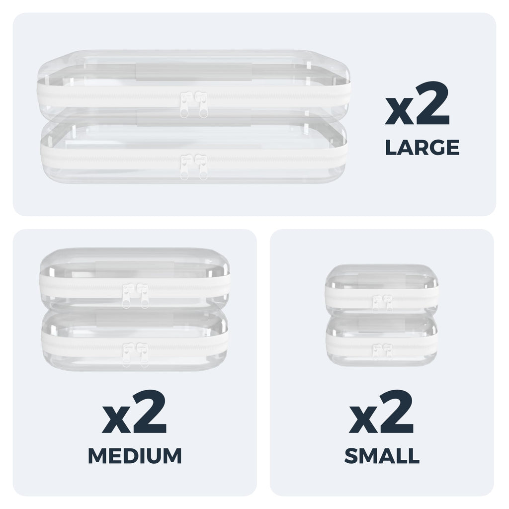 Extra Durable Mini Clear Hard Shell Zipper Case 6 Pack, 2x 12" Large, 2x 8" Medium, 2x 5" Small, Clear Travel Makeup Case, Hard Plastic Toiletry & Cosmetic Bag, Zippered Make Up Organizer Pouch