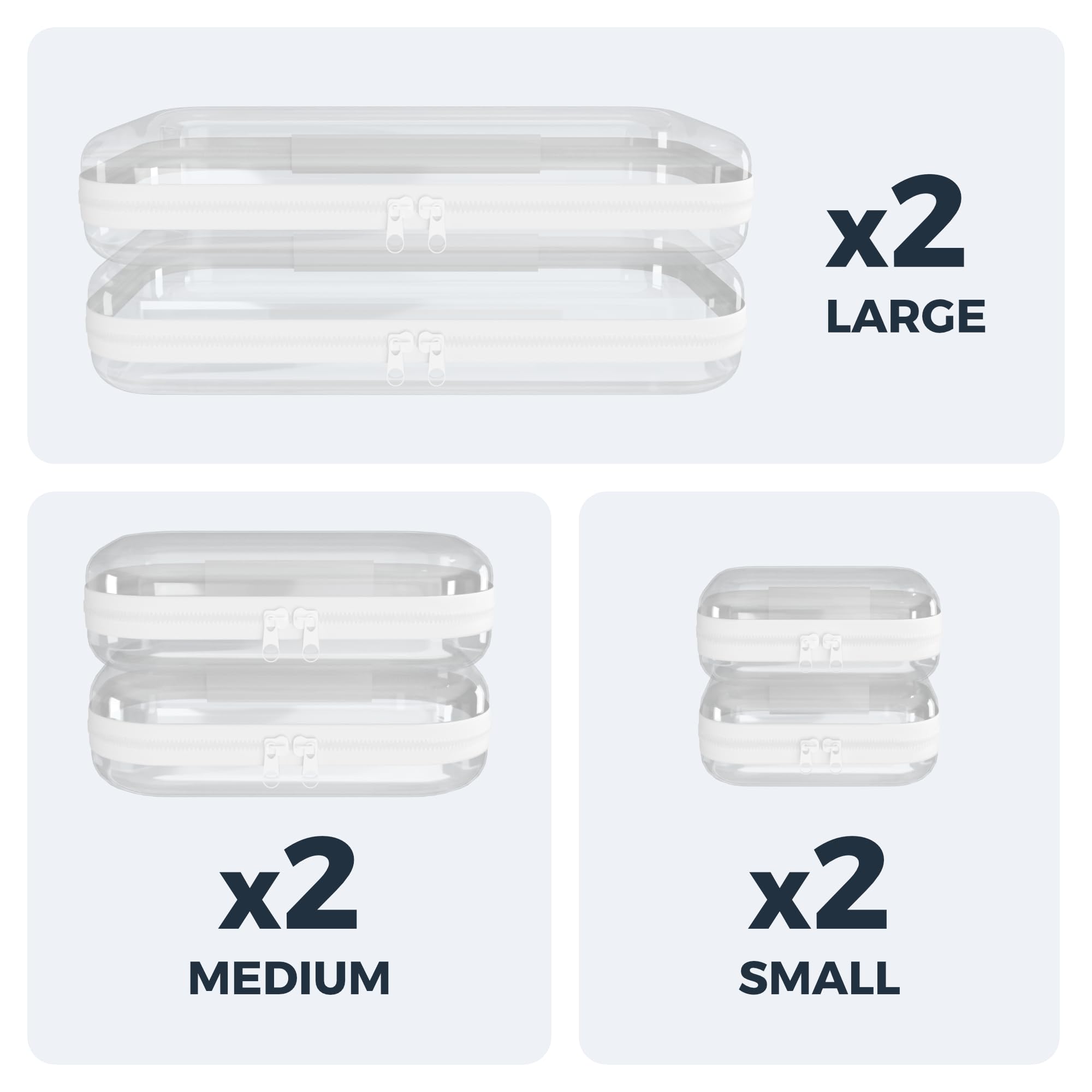 Extra Durable Mini Clear Hard Shell Zipper Case 6 Pack, 2x 12" Large, 2x 8" Medium, 2x 5" Small, Clear Travel Makeup Case, Hard Plastic Toiletry & Cosmetic Bag, Zippered Make Up Organizer Pouch
