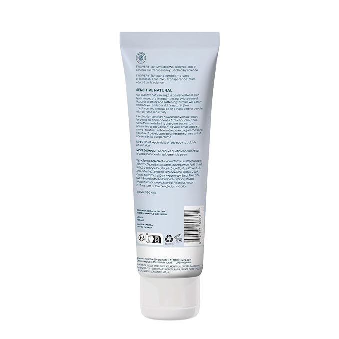 ATTITUDE Sensitive Skin Body Lotion, Fragrance-Free, Soothing Oat Formula, Hydrating Care for Dry Skin, EWG Verified, Dermatologically Tested, Vegan, Unscented, 8 Fl Oz
