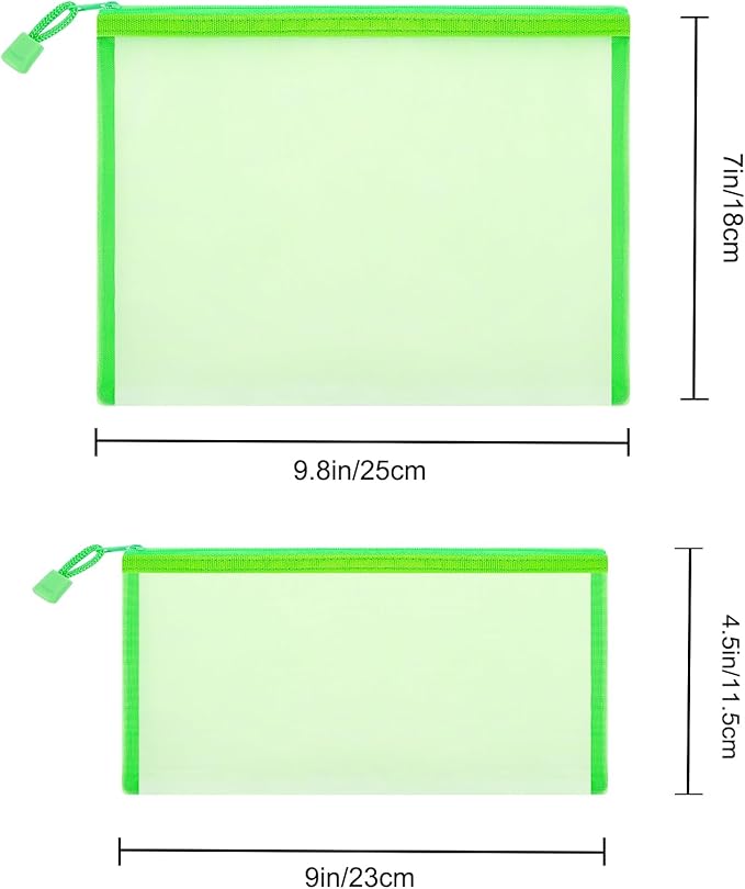 Sinzip 12 Pieces Zipper Nylon Mesh Pouch, Mesh Cosmetic Bags Makeup Bags Pencil Case, Multipurpose Travel Bags for Cosmetic School Office Supplies and Travel Accessories (Green, A5)