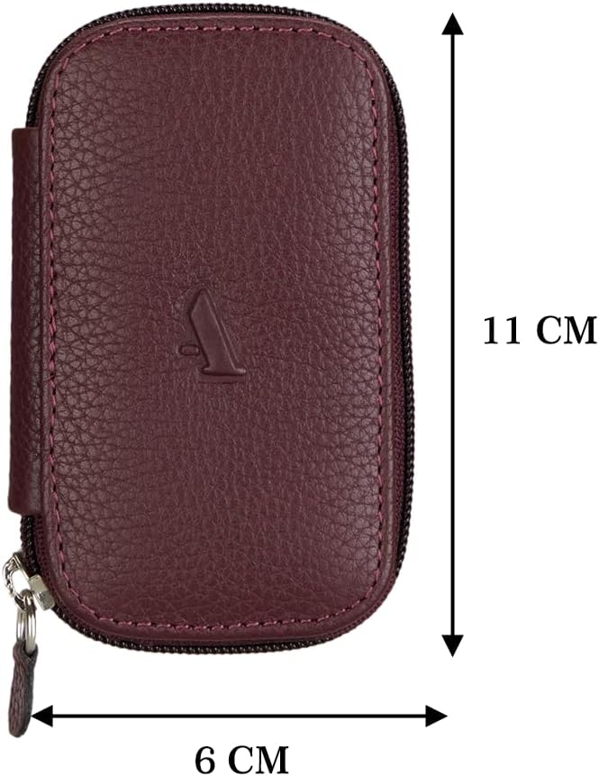 Adamis Full Grain Genuine Leather Keychain Holder Pouch, Key Case, Soft Strong and Compact Organizer and Wallet with Zip Closure for Extra Safety and 6 Key Holder Hooks in Wine