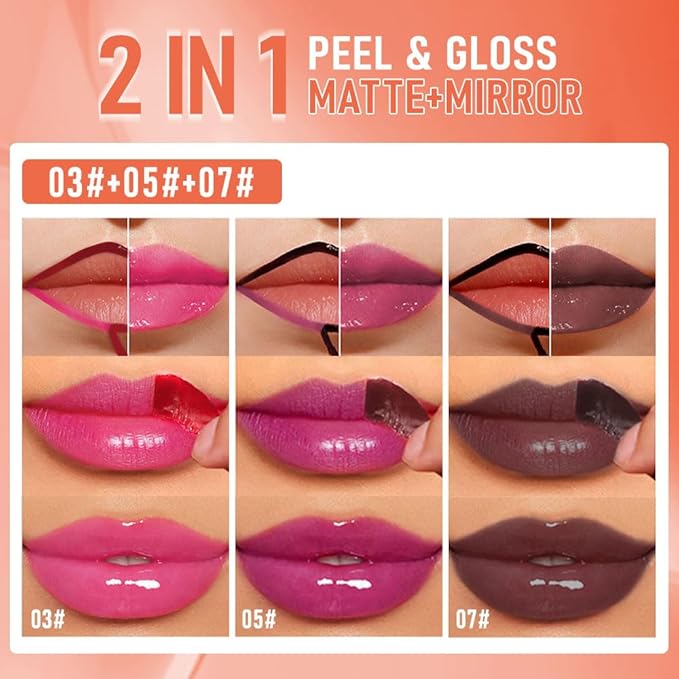 B13 3Pcs Peel Off Lip Gloss Tattoo and Lip Oil, Lip Stain Peel Off Masque - Peel Off Lip Tint,Long Lasting Waterproof Transfer-proof Lip Mask Lip Gloss Peel Off Lip Liner,Stay Lip Makeup 03#+05#+07#