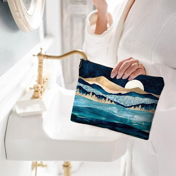Givotin Cute Makeup Bag for Purse Canvas Waterproof Funny Cosmetic Bags for Women Zipper Travel Toiletry Pouch-Mountain Moon Lake Makeup Bags