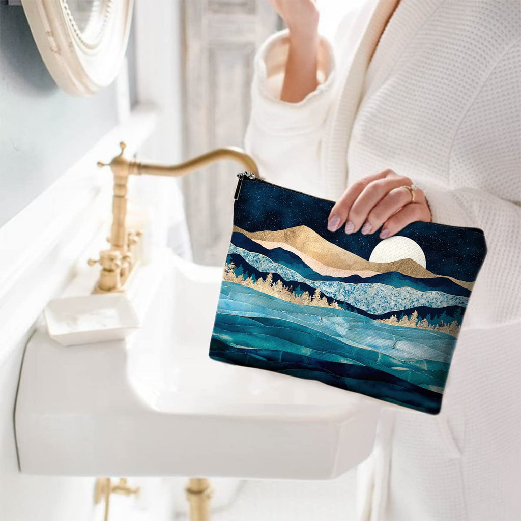 Givotin Cute Makeup Bag for Purse Canvas Waterproof Funny Cosmetic Bags for Women Zipper Travel Toiletry Pouch-Mountain Moon Lake Makeup Bags