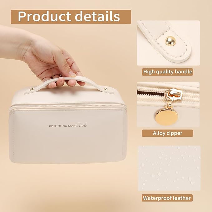 zaleeta 3 Pcs Travel Makeup Bag Portable Large Capacity Cosmetic Bags for Women Open Flat Makeup Case Organizer Bag Set of 3 Waterproof PU Leather Toiletry Bags with Divider and Handle (White, Medium)