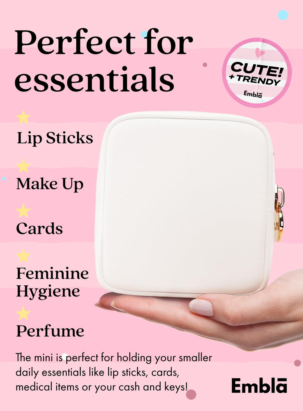 Embla Small Makeup Bag for Purse, Mini Waterproof Nylon Cosmetic Pouch, Durable and Lightweight Travel Toiletry Bag with Smooth Zipper, White