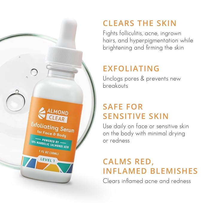 Almond Clear Mandelic Acid Face & Body Clearing Serum, Level 1- for acne, folliculitis, aging skin, ingrown hairs, dark spots - face, chest, butt, back, thighs, arms - 1 fl oz