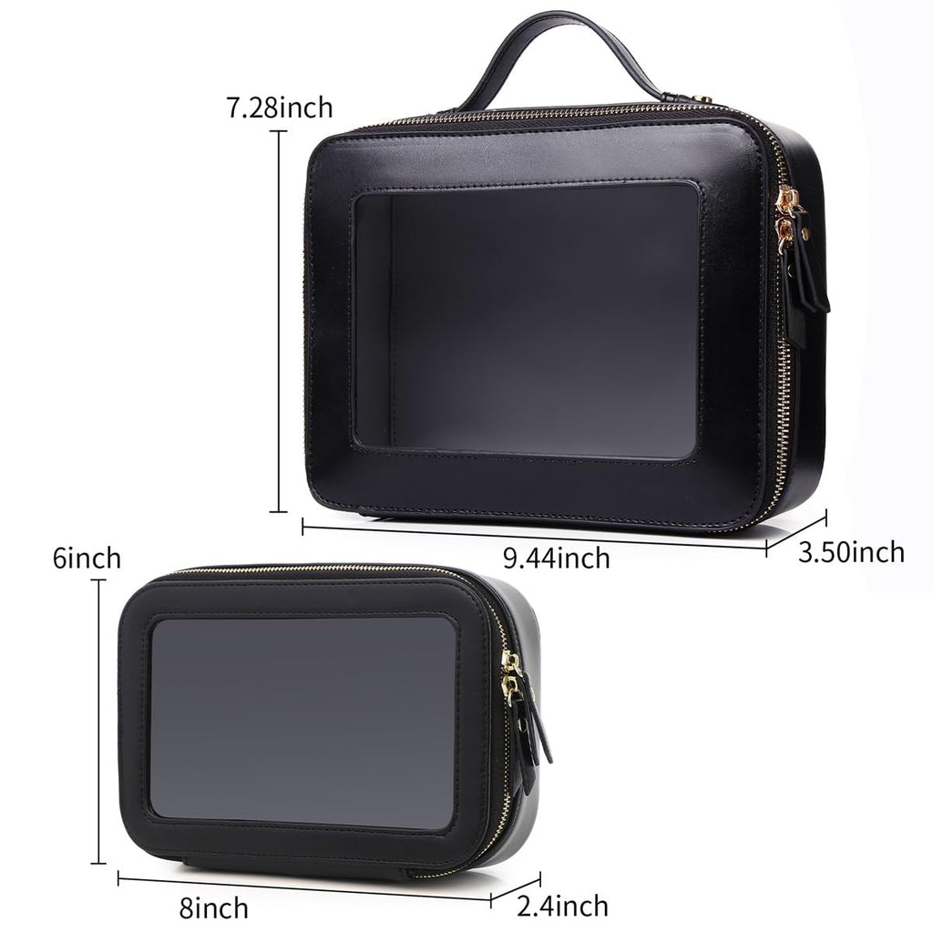 Pinkmik Clear Makeup Bag for Women Waterproof Travel Cosmetics and Toiletries Case Portable Makeup Oaganizer Bag Clear Car Bag with Zipper (Black, M+L-1)