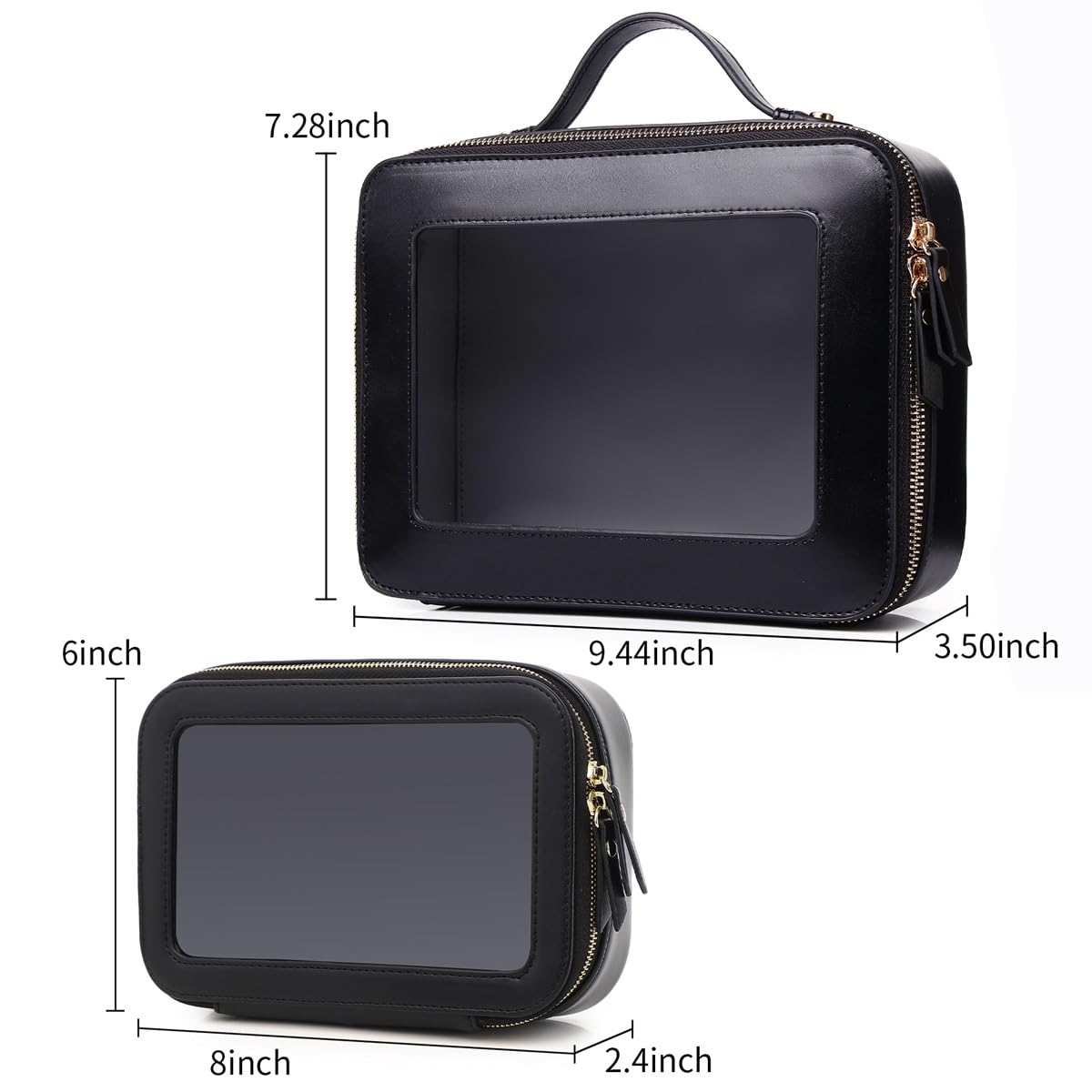 Pinkmik Clear Makeup Bag for Women Waterproof Travel Cosmetics and Toiletries Case Portable Makeup Oaganizer Bag Clear Car Bag with Zipper (Black, M+L-1)