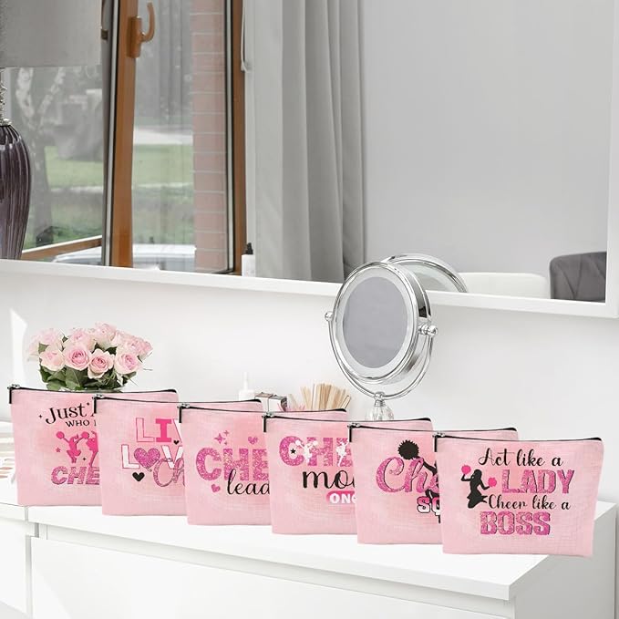 CQM Cheerleader Gifts, 6 Pcs Cheer Makeup Bag, Cosmetic Bag For Women Girls Sisters Teammates Travel Toiletry Bag, Graduation Birthday Gifts Cheer Team Gifts