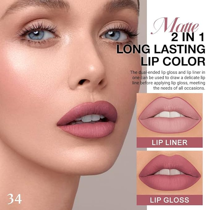 evpct 1Pcs Mauve Matte Lip Liner Stain Liquid Lipstick Makeup Set for Women, Mauve Lip Stick Liner Combo Long Lasting Waterproof Lipsticks labiales matte mate larga duracion Long Wear 24 hour Lipstick
