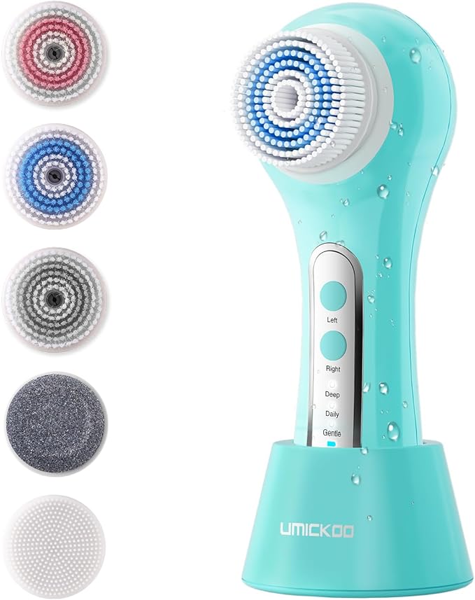 UMICKOO Electric Facial Cleansing Brush, 2-Way Rotating Face Scrubber for Daily & Deep Cleaning, 3 Modes, 5 Brush Heads, Rechargeable, IPX7 Waterproof for All Skin Types
