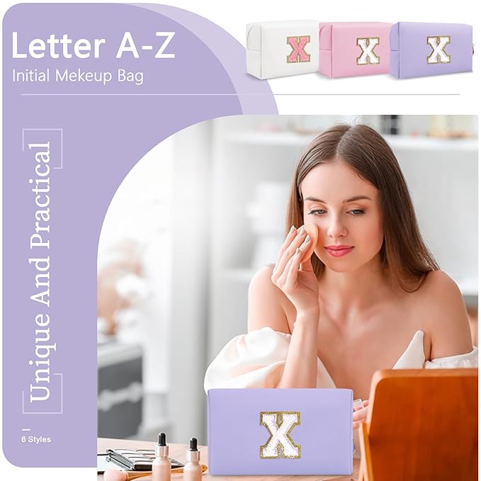 Personalized Makeup Bag Initial A-Z Preppy Patch Bag,Small PU Leather Travel Cosmetic Bag Pouch with Zipper,Purple Cute Toiletry Bag,Gift Ideal for Teen Girls Women Birthday Friend Mom,Latter X