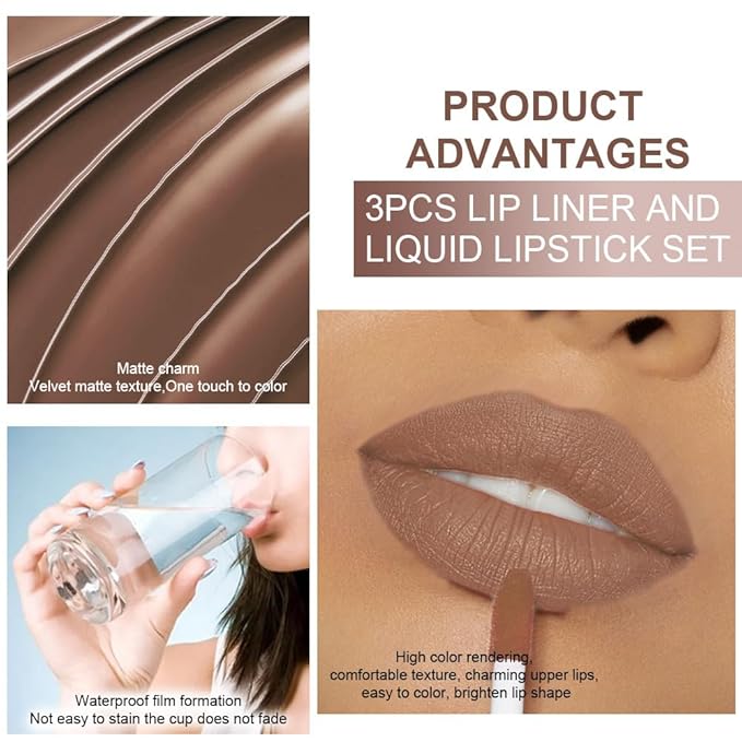 IATMOMOD 3Pcs 2 in 1 Pale Neutral True Nude Matte Lip Liner and Liquid Lipstick Stain Makeup Set for women, Long Lasting Smudge Proof Lip Tint Matte Finish Lip Gloss for All-Day Color Hold, Set30