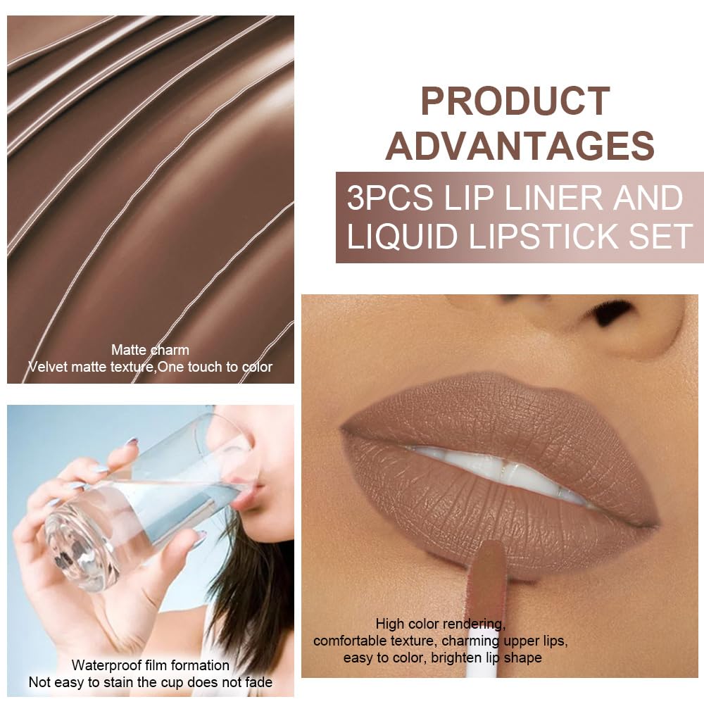 IATMOMOD 3Pcs 2 in 1 Pale Neutral True Nude Matte Lip Liner and Liquid Lipstick Stain Makeup Set for women, Long Lasting Smudge Proof Lip Tint Matte Finish Lip Gloss for All-Day Color Hold, Set30
