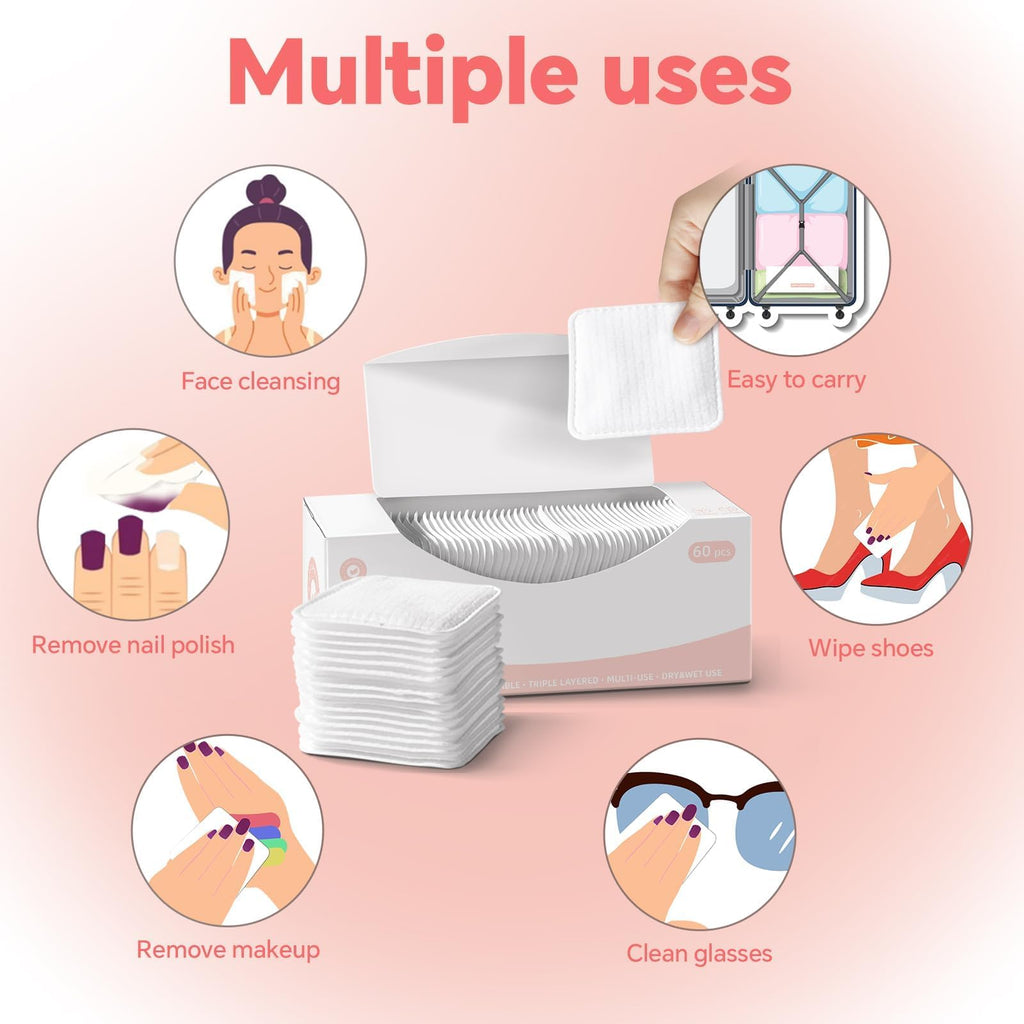 ICOTLE Square Cotton Pads,100% Cotton, Not to Shed or Fall Apart, 60 Count, Unique Triple-Layer Design for Daily Skin Care