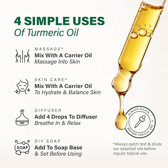 100% Pure Turmeric Oil - 4 Fl Oz Turmeric Essential Oil for Hair, Skin, Diffuser, Aromatherapy & DIY Soap Making Scent