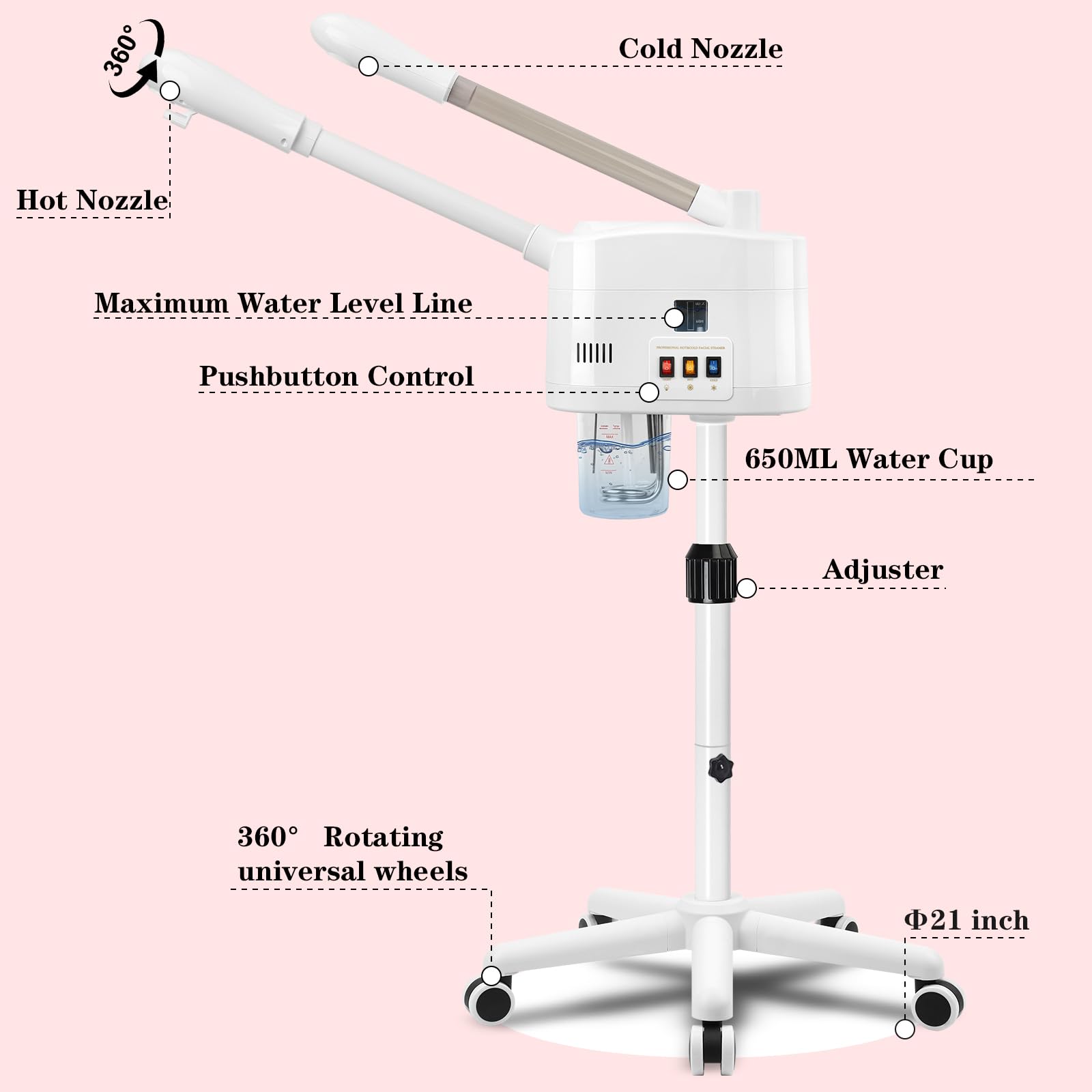 2 in 1 Hot & Cold Mist Facial Steamer, Professional Face Steamer on Wheels for Beauty Salon, Spa and Home Use