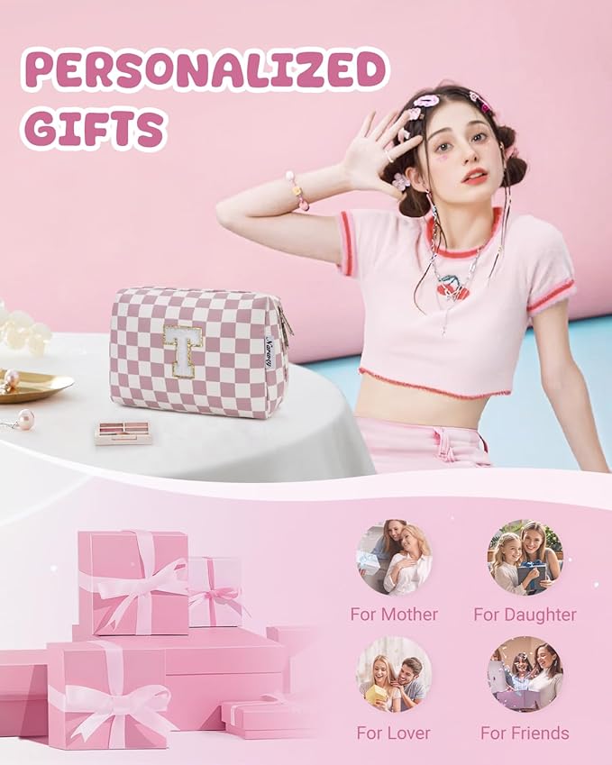 Narwey Birthday Gifts for Teen Girls Kids Women Personalized Initial Checkered Makeup Bag Pink Monogram Cosmetic Bag Trendy Stuff 6 8 10 11 12 13 14 16 18 Years Old Travel Toiletry Bag (Dusty Rose T)