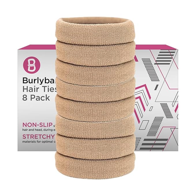 Burlybands Elastic Hair Ties No Damage for Thick Hair, Light Brown 8 Pack
