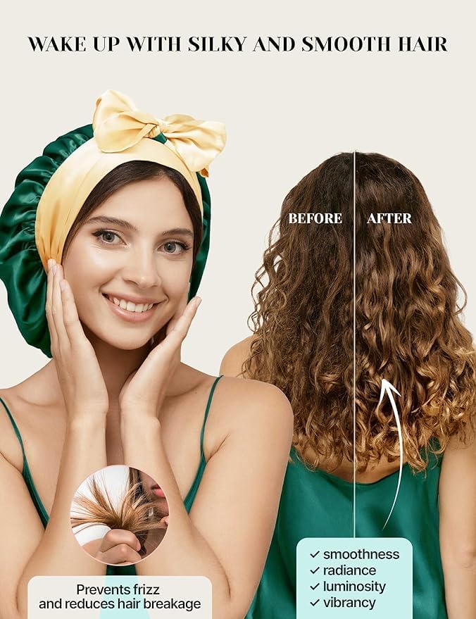 Real Silk Bonnet for Sleeping Women – Green – Adjustable Wonder Loop Tie, No-Slip Hair Bonnet, Reversible Silk Sleep Cap for Curly, Coily, Wavy & Straight Hair - Mothers Day Gift for Mom & Wife