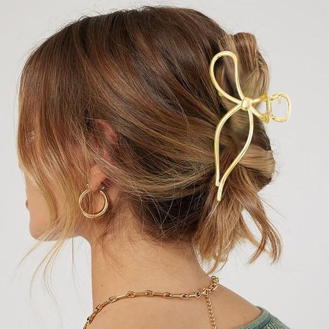 CAKURE Bow Claw Clip Gold Metal Hair Clips Medium Hair Jaw Clamps Stylish Hair Accessories for Women and Girls (Pack of 2)