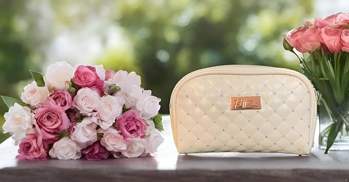 RITTZI Cream Quilted Cosmetic Bag - Elegant Travel & Makeup Organizer