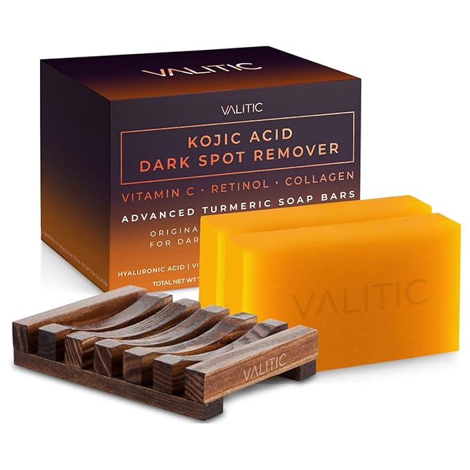 VALITIC Kojic Acid Dark Spot Remover Soap Bars with Vitamin C, Retinol, Collagen, Turmeric - Original Japanese Complex - Hyaluronic Acid, Vitamin E, Shea Butter, Olive Oil (2 Pack) - With Soap Holder