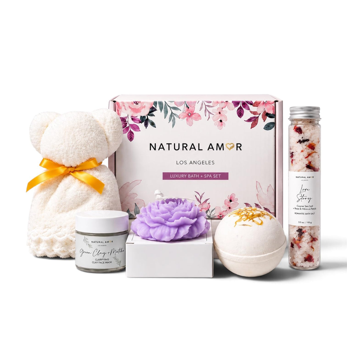Natural Amor Lavender Spa Gifts for Women,7pcs Self Care Box Including Handmade Soap Bar, Candle, Bath Butter