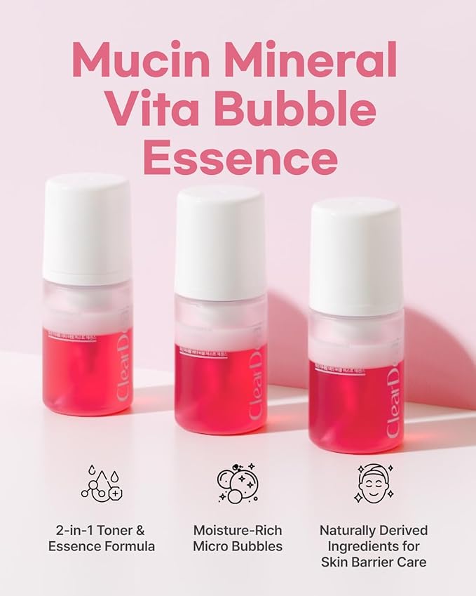 ClearDea Mucin Mineral Vita Bubble First Essence Duo with Micro-Bubble Formula and 2-in-1 Toner Serum, K Beauty for Glass Skin, 4.06 Fl Oz (2.03 Fl Oz x 2ea) – Hydrating Firming