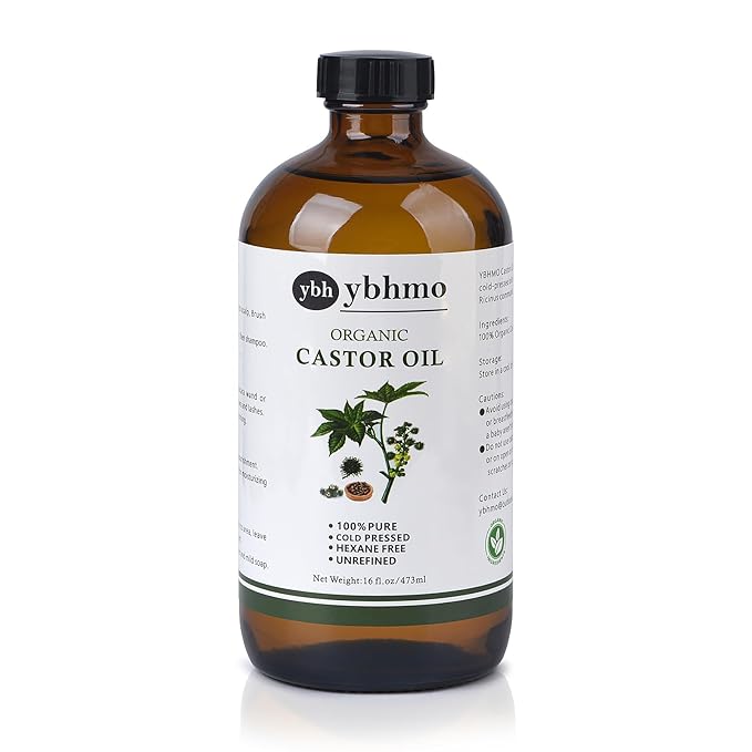 YBHMO Cold Pressed Castor Oil Organic Glass Bottle(16 Fl Oz),100% Pure ，Hexane Free for Hair Growth & Care, Castor oil pack & Moisturize Body Skin
