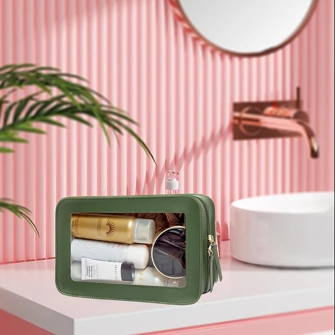 FFpaw Clear Makeup Bag, Green Travel Makeup Pouch Toiletry Bag for Women Waterproof Small Cosmetic Bag Case Small Make Up Bag with Zipper Car Organizer Car Essentials for Women Men