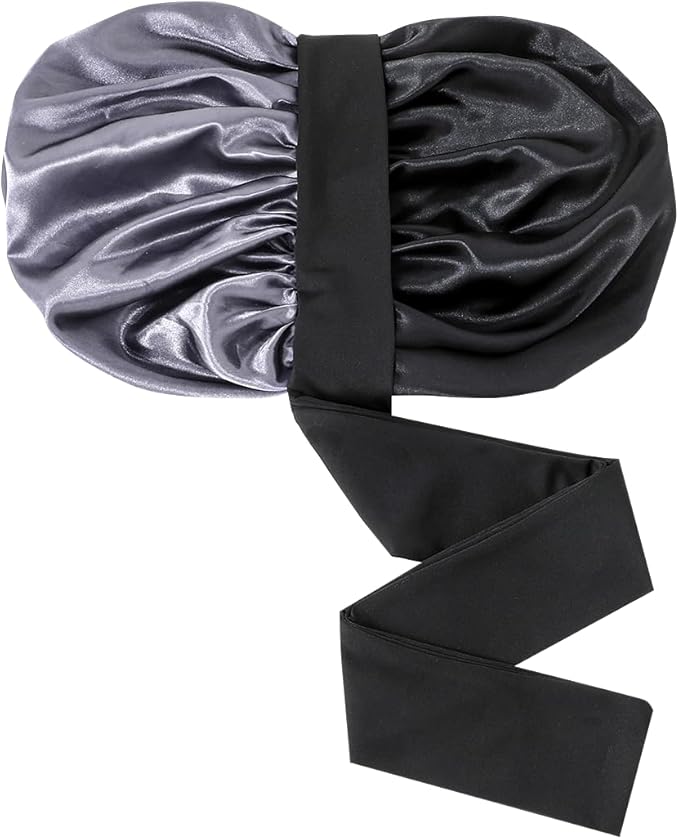 GDTOGRT Satin Silk Bonnet for Sleeping Women, Double Layer Sleep Hair Bonnets Caps for Curly Natural Hair with Tie Band - Black