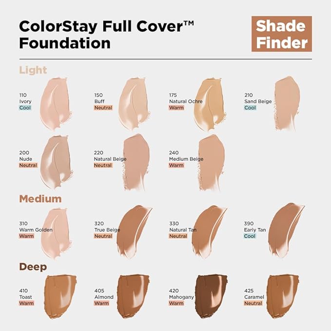 Revlon ColorStay Full Cover Longwear Matte Foundation, Heat & Sweat Resistant Lightweight Face Makeup, 320 True Beige, 1.0 fl oz