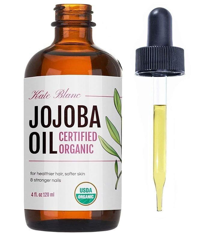 Kate Blanc Cosmetics Organic Jojoba Oil for Hair, Skin, Face, Nails (4oz) - USDA Certified, 100% Pure Cold Pressed Unrefined - Moisturizing Carrier Oil for Gua Sha, Dermaplaning, Body - Glass Bottle