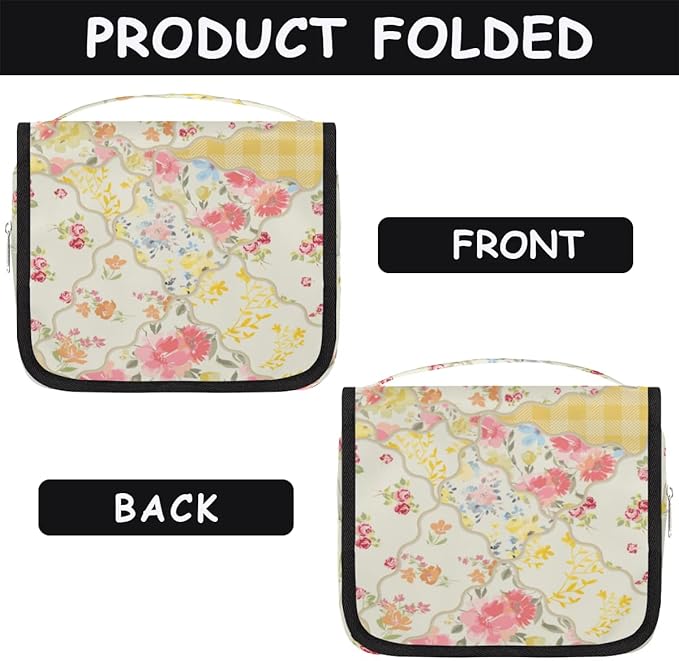 OMFUNS Yellow Flower Travel Toiletry Bag with Hanging Hook for Women and Girls, Rose Floral Cosmetic Makeup Case Organizer for Accessories, Shampoo, Full Sized Container, Toiletries
