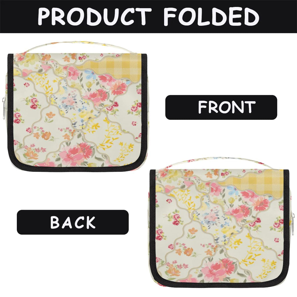 OMFUNS Yellow Flower Travel Toiletry Bag with Hanging Hook for Women and Girls, Rose Floral Cosmetic Makeup Case Organizer for Accessories, Shampoo, Full Sized Container, Toiletries